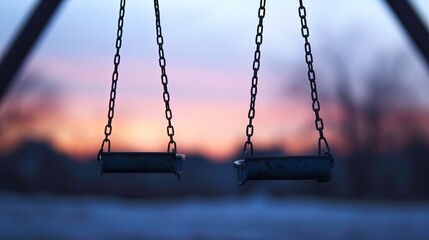 Empty Chained Swings Swaying in Breeze, Blurred Twilight Sky: Fleeting Childhood Moments and Bittersweet Growth