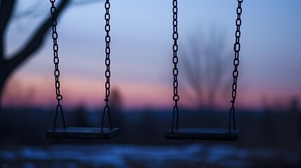 Fleeting Childhood and Bittersweet Growth: Empty Swings Swaying with Blurred Twilight Sky - Time Passing Out