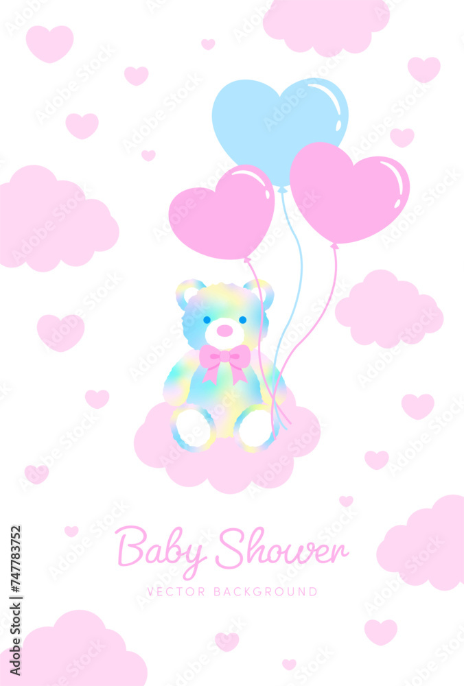 Wall mural vector background with a rainbow teddy bear with heart balloons in the sky for banners, cards, flyers, social media wallpapers, etc.