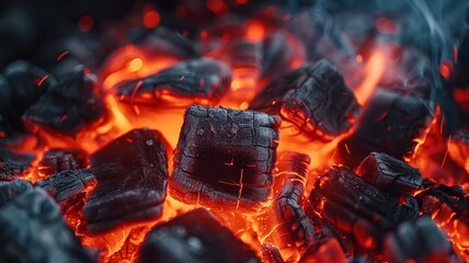 Close-up of red-hot grill briquettes capturing the edgy intensity of a fiery cookout.
