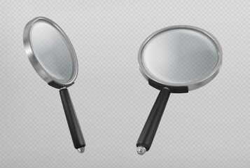 Magnify glass in different view angles. Realistic vector set of metal loupe with plastic handle and transparent enlarge lens for search or focus concept. Optical equipment for magnification and zoom.