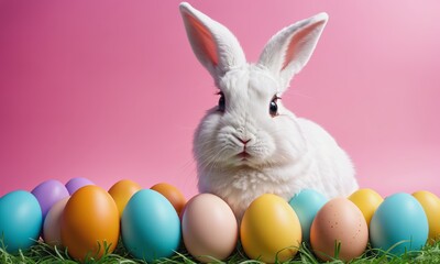 Fototapeta na wymiar Easter Bunny Amidst Colorful Eggs