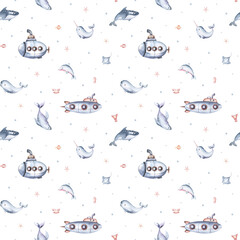 Watercolor seamless pattern with cute cartoon kids submarine, corals, seahorse fish and dolphin. Texture for wallpaper, print, , cover design, travel, fabric, kids design. - 747784126