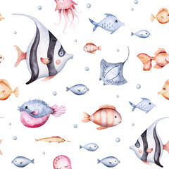 seamless pattern of sea cartoon animals. Blue watercolor ocean fish, turtle, whale and coral. Shell aquarium dolphin, crab octopus Nautical marine illustration, jellyfish, starfish - 747784130