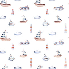 Seamless watercolor nautical pattern with lighthouse boats, ships, vessels on white background, octopus and dolphin perfect for kids wrappers, nursery wallpapers, postcards, greetings - 747784143