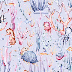 seamless pattern of sea cartoon animals. Blue watercolor ocean fish, turtle, whale and coral. Shell aquarium dolphin, crab octopus Nautical marine illustration, jellyfish, starfish - 747784147