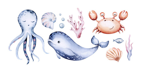 Set of sea animals. Blue watercolor ocean fish, turtle, whale and coral. Shell aquarium mermaid submarine. Nautical dolphin marine illustration, jellyfish, starfish - 747784169