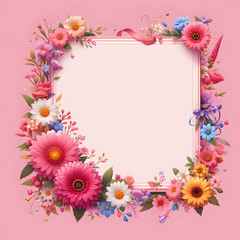 Frame of flowers with pink background ,center is empty for message 