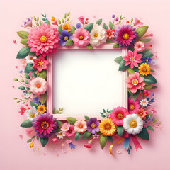 Frame of flowers with pink background ,center is empty for message 