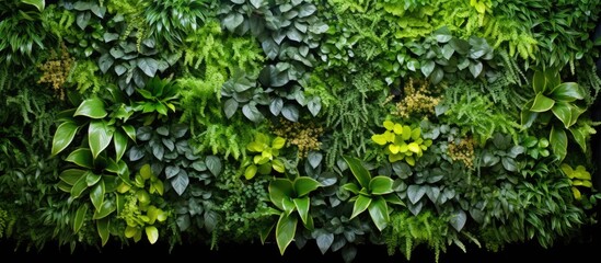 Fototapeta premium A vertical garden wall covered in a variety of vibrant green plants, creating a lush and eco-friendly display that adds a touch of nature to the space. The plants are thriving and growing vigorously,