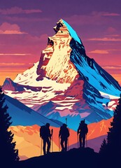 silhouette of travelers during sunset on mountain 