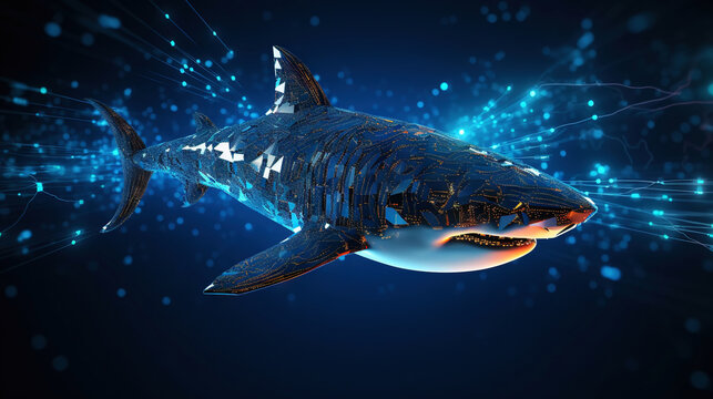 Big data visualization where a digital shark swims in the data stream. Futuristic background. Generative AI