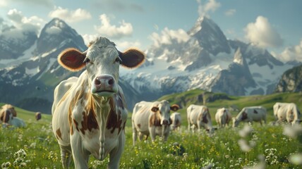 Serene cows grazing in an Alpine meadow with majestic mountains in the background - obrazy, fototapety, plakaty