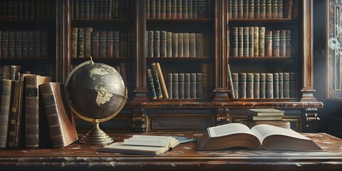 Timeless globe and book arrangement in a classic library setting whispering tales - obrazy, fototapety, plakaty