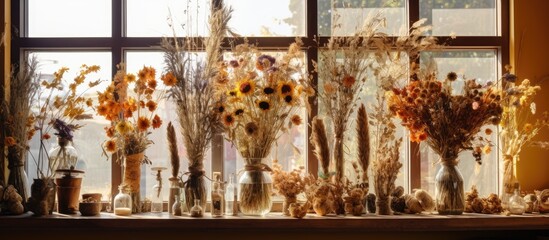 A window sill indoors is overflowing with a variety of dried flowers, showcasing a colorful and natural display.