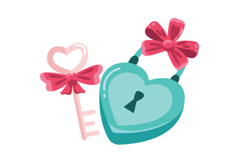  Key And Padlock With Pink Ribbon Flowers | Valentine's Day Illustration