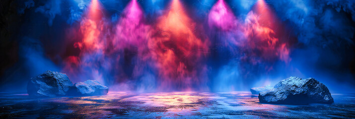 Mysterious Fog and Galaxy Effect, Abstract Dark Space with Neon Lights, Futuristic Club or Stage Background