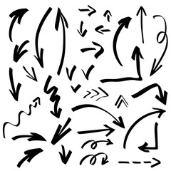 Vector set of abstract curved bold arrows Hand drawn grunge lines. Isolated elements for design.