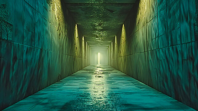 Fototapeta Mysterious Dark Tunnel with Blue Lighting, Abstract Architectural Concept, Modern Design with a Sense of Mystery