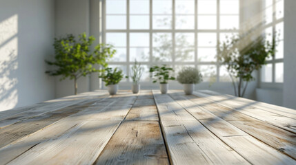 Wooden table with potted plants in front of window