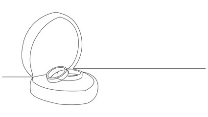 Continuous single line sketch drawing of wedding couple rings in elegant box. One line art of engagement and love marriage symbol vector illustration