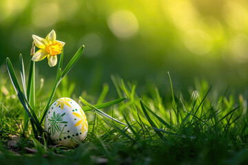 Easter egg resting next to flower, perfect for spring themes