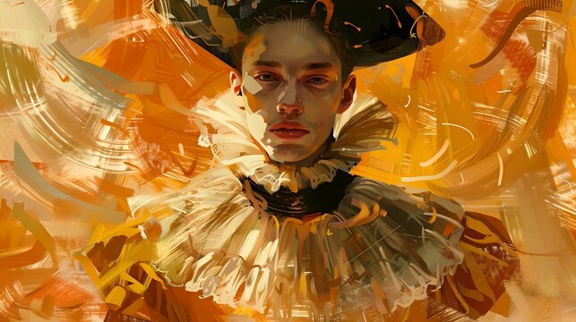Artistic portrait of a person with golden ruffled collar, expressionist style painting, digital artwork. AI