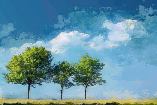 Serene painting of three trees in field