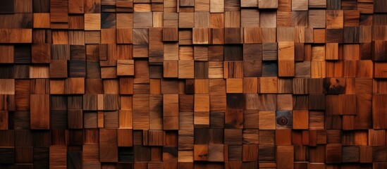 The room features a striking wall assembled from various wooden blocks, creating a unique and textured backdrop. The blocks are arranged methodically,