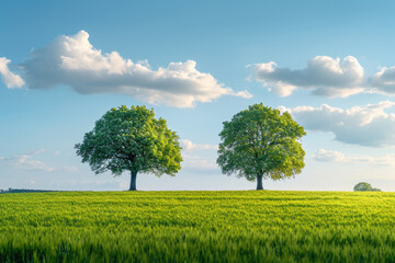 Fototapeta na wymiar Two trees standing in field of green grass