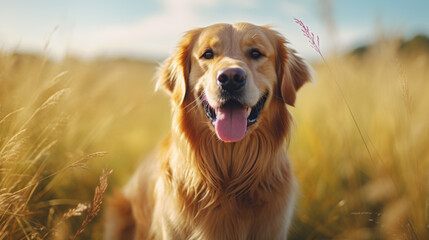Peaceful image of dog sitting in field of tall grass