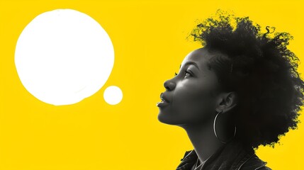 Young woman daydreaming, bold yellow background, creative conceptual portrait with thought bubble. AI