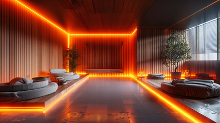Modern Room Illuminated by Neon Light, Futuristic Interior Design Concept, Empty Space with Reflective Floor