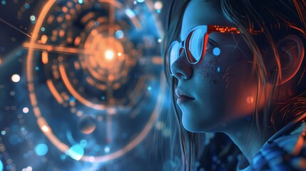 Futuristic cyberpunk girl marvels at digital space, virtual reality concept. neon glow, sci-fi style. visualizing future, AI generated. AI
