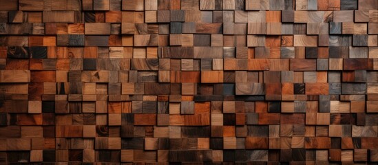 A wall constructed from wooden blocks stands as a striking and unique background, showcasing the beauty of the natural material in its raw form. 