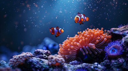 Underwater splendor with clownfish and coral reef - a serene marine scene. colorful digital art for wallpapers and backgrounds. AI