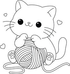 Cute cat is playing with wool ball coloring page. Cute character design. Graphic elements for kids. Cartoon hand drawn style.