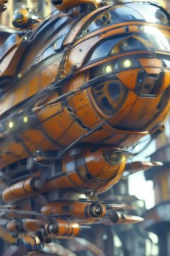 Close up of a 3D futuristic flying machine in a bright steampunk style set in a random setting