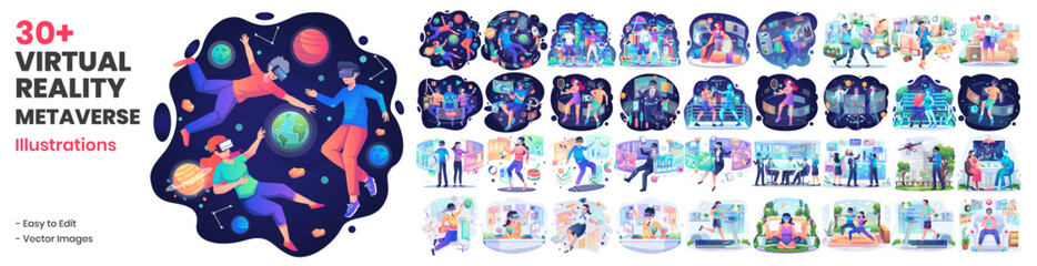 Mega Collection of Virtual Reality Concept Illustrations With People in VR Glasses Playing Games, Working, and Learning. People Using VR Technology for Business, E-Commerce, Gaming, Science, and Study