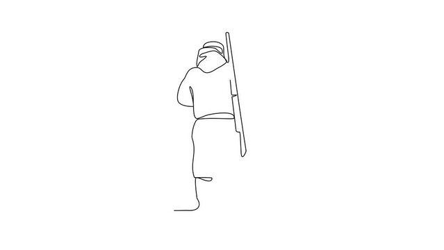 Animated self drawing of a hunter is hunting animals in the forest with a rifle video illustration. Hunting animal in forest activity illustration in simple linear style video design concept.
