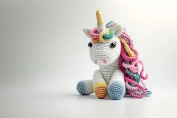 Obraz na płótnie Canvas Sitting white amigurumi unicorn with a curled rainbow mane and tail, isolated on a light background.