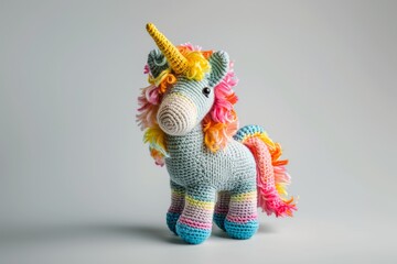 Colorful handknit amigurumi unicorn toy with a golden horn and vibrant mane, isolated on a grey background.