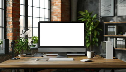 monitor with blank screen window on the left side during the day and a cup of coffee