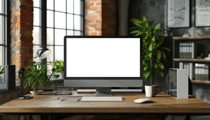 Fotobehang monitor with blank screen window on the left side during the day and a cup of coffee © Khansa stock