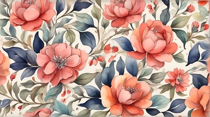 Seamless pattern of flowers with pink blue and orange background flowers, Pink flowers pattern background, AI generated