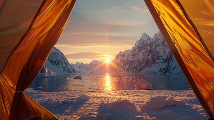 Camping retreat with a breathtaking sunset view over snowy mountains from inside a tent