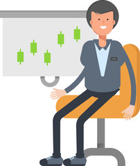 Male Character Presenting Candlestick Chart
