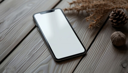 A smartphone mockup with a blank white screen is placed on a brown table and there are dry leaves