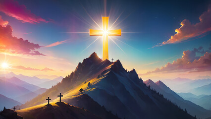 Silhouettes of cross on top mountain with bright sunbeam - obrazy, fototapety, plakaty