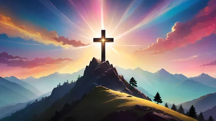 Fotobehang Silhouettes of cross on top mountain with bright sunbeam © artmozai